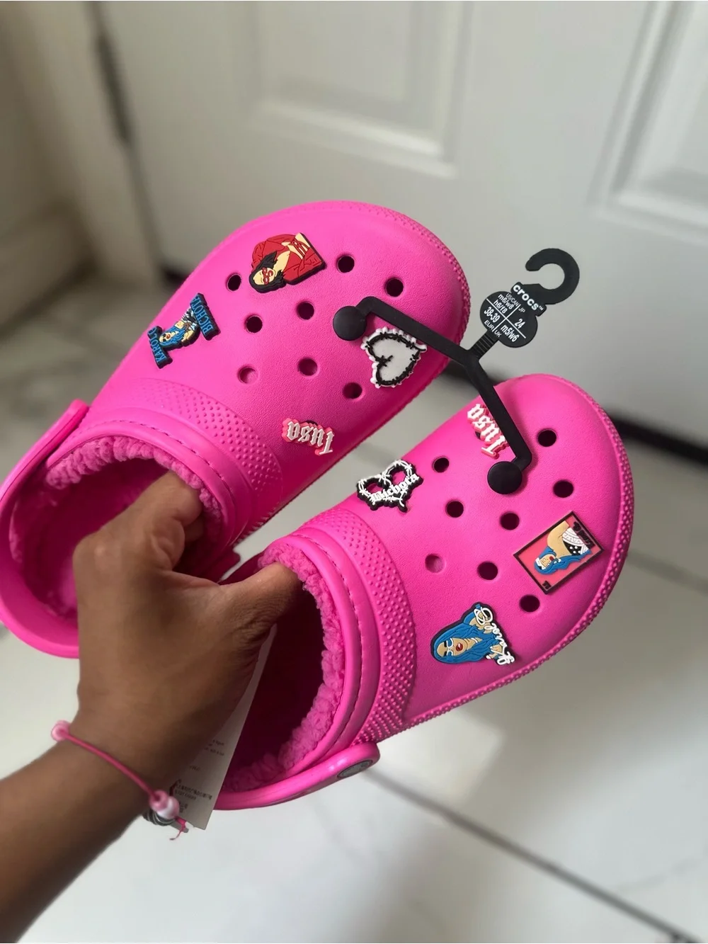 CROCS Kids Bright Pink Fuzzy-Lined Clogs with Charm Pins